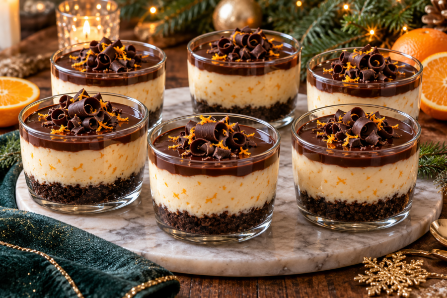 No bake chocolate orange cheesecake cups with cookie crumb layers and dark chocolate ganache.