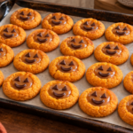Orange jack-o-lantern thumbprint cookies filled with spiced caramel