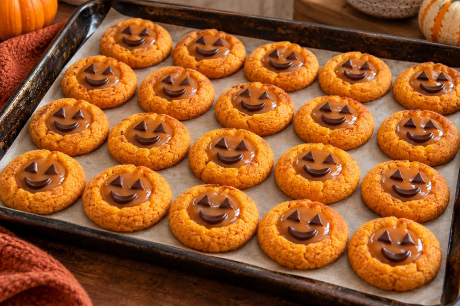 Orange jack-o-lantern thumbprint cookies filled with spiced caramel