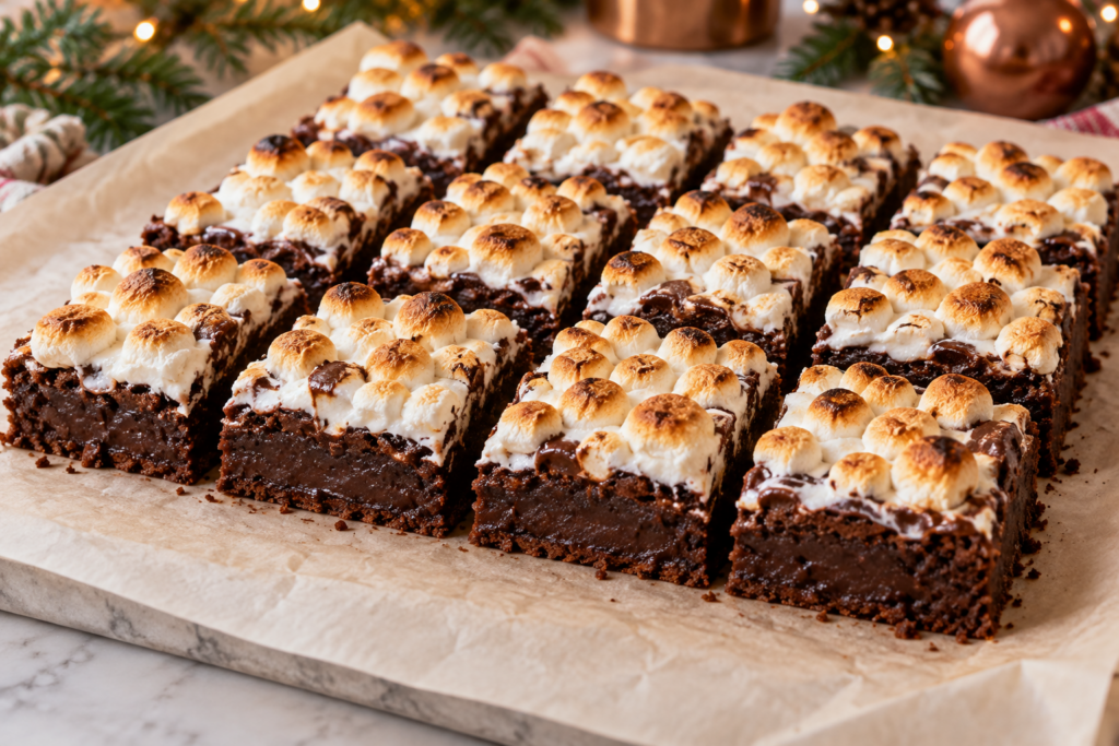 Hot cocoa brownies with toasted marshmallows and fudgy dark chocolate centers on a Christmas platter.