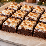Hot cocoa brownies with toasted marshmallows and fudgy dark chocolate centers on a Christmas platter.