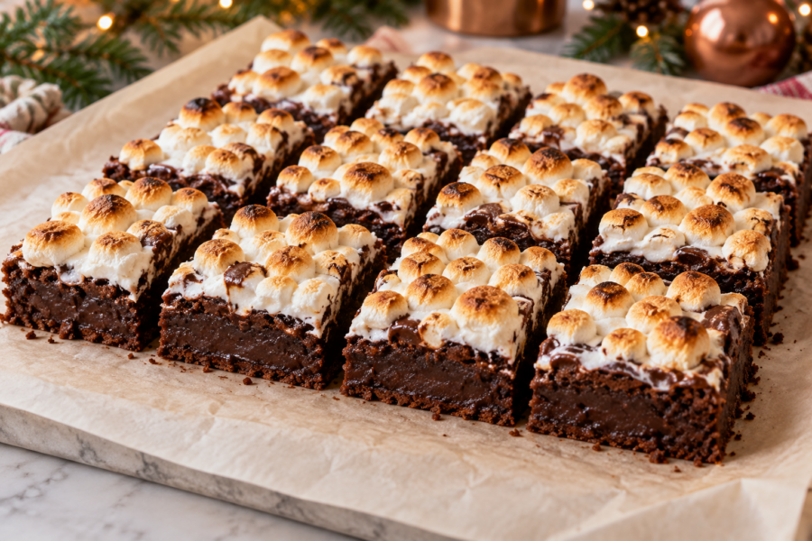 Hot cocoa brownies with toasted marshmallows and fudgy dark chocolate centers on a Christmas platter.