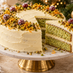 Two-layer pistachio cardamom Christmas cake with mascarpone frosting and orange garnish.