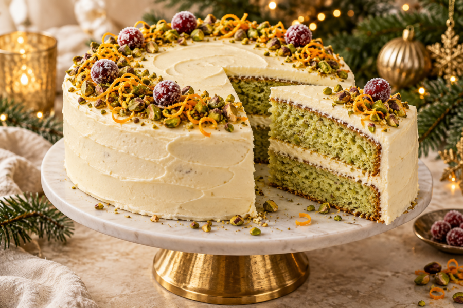 Two-layer pistachio cardamom Christmas cake with mascarpone frosting and orange garnish.