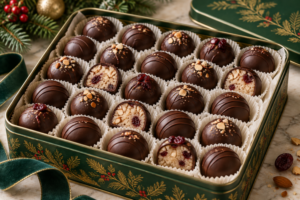 Dark chocolate marzipan truffles with tart cherry centers in a Christmas gift box.