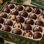 Dark chocolate marzipan truffles with tart cherry centers in a Christmas gift box.