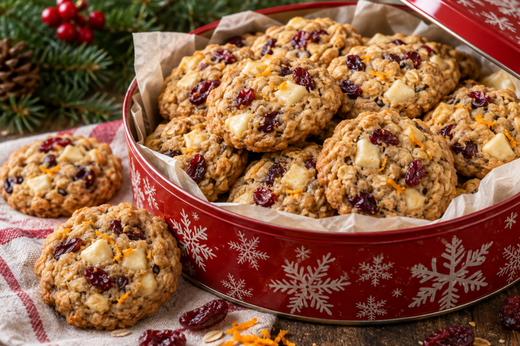 White chocolate cranberry oatmeal cookies with chewy centers in a Christmas cookie tin.