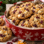 White chocolate cranberry oatmeal cookies with chewy centers in a Christmas cookie tin.