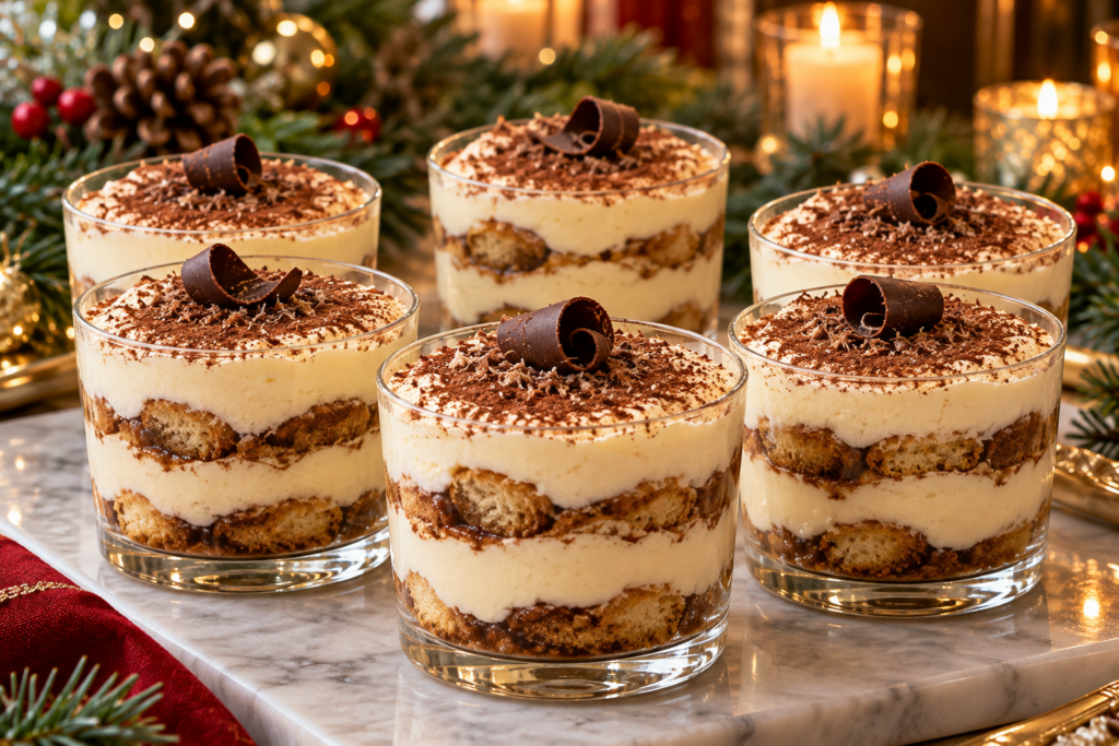 No bake eggnog tiramisu cups with espresso ladyfingers, mascarpone cream, and nutmeg.