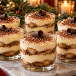 No bake eggnog tiramisu cups with espresso ladyfingers, mascarpone cream, and nutmeg.