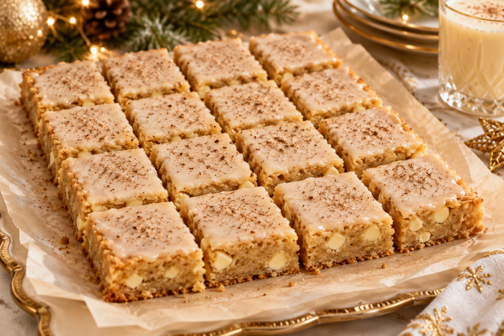 Eggnog blondies with brown butter nutmeg glaze cut into Christmas dessert squares.