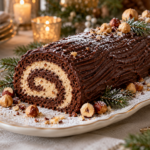 Chocolate hazelnut yule log cake with spiral filling and dark ganache bark.