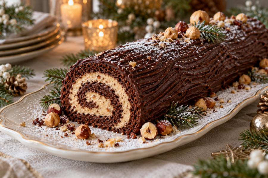 Chocolate hazelnut yule log cake with spiral filling and dark ganache bark.