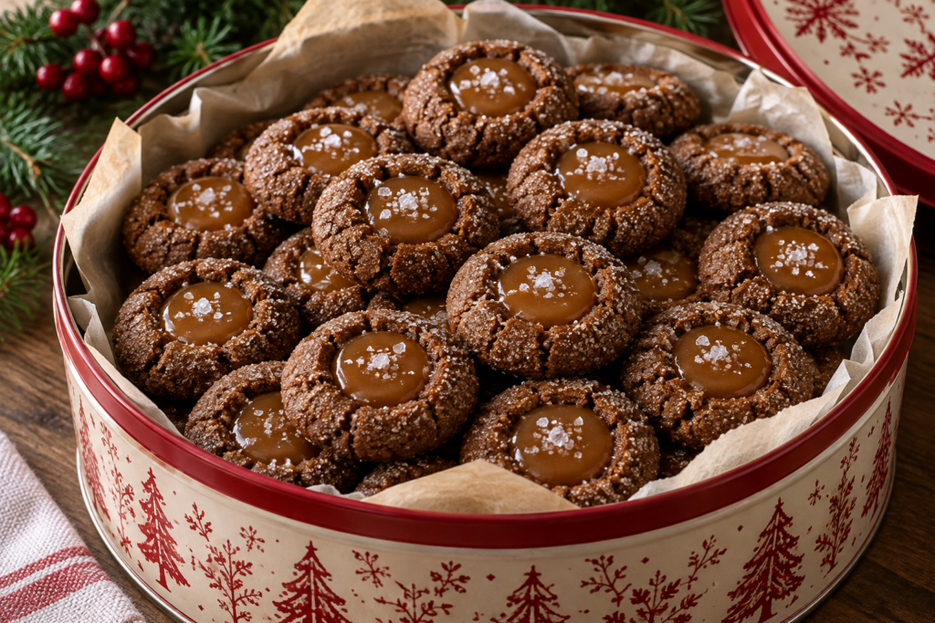 Gingerbread thumbprint cookies filled with salted caramel in a Christmas cookie tin.