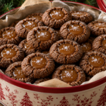 Gingerbread thumbprint cookies filled with salted caramel in a Christmas cookie tin.