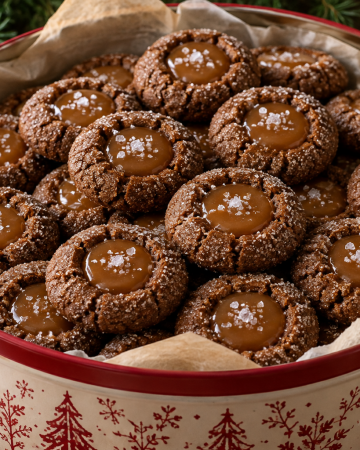 Gingerbread thumbprint cookies filled with salted caramel in a Christmas cookie tin.
