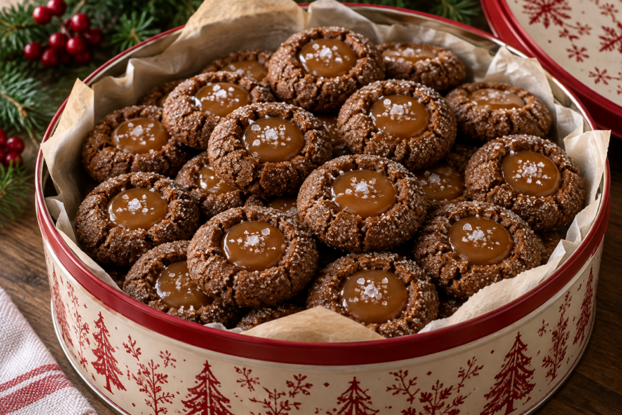 Gingerbread thumbprint cookies filled with salted caramel in a Christmas cookie tin.