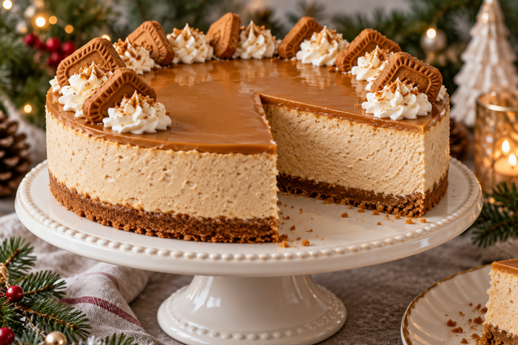 No bake Biscoff cheesecake with spiced cookie crust and glossy cookie butter topping.