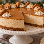 No bake Biscoff cheesecake with spiced cookie crust and glossy cookie butter topping.