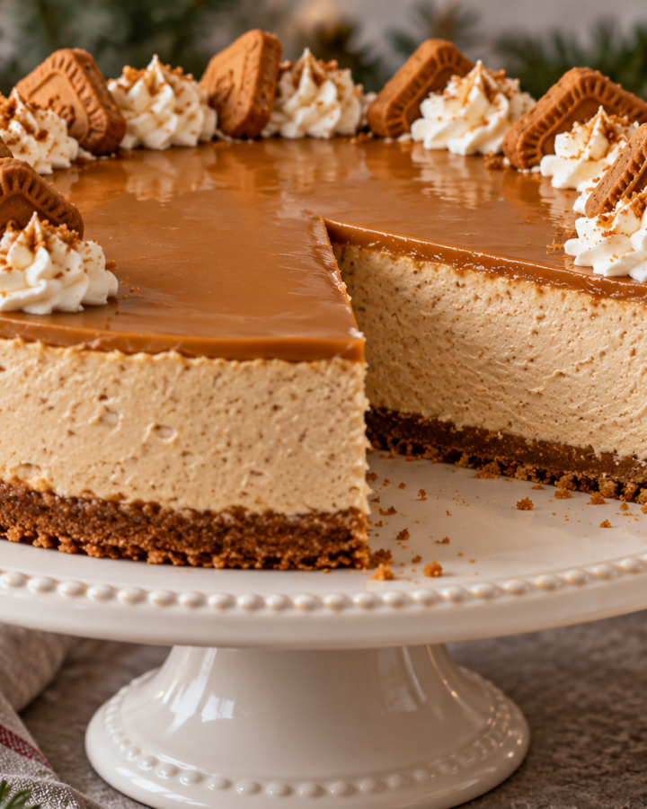 No bake Biscoff cheesecake with spiced cookie crust and glossy cookie butter topping.