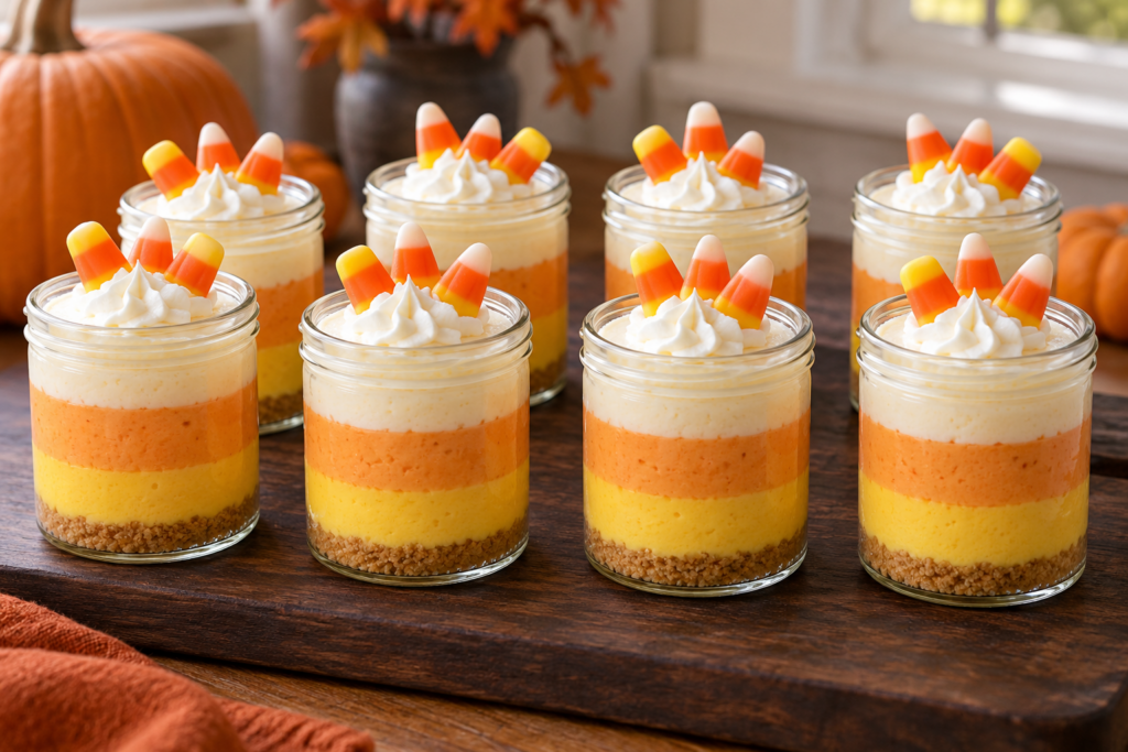 No-bake candy corn cheesecake jars with yellow orange and white layers