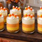 No-bake candy corn cheesecake jars with yellow orange and white layers