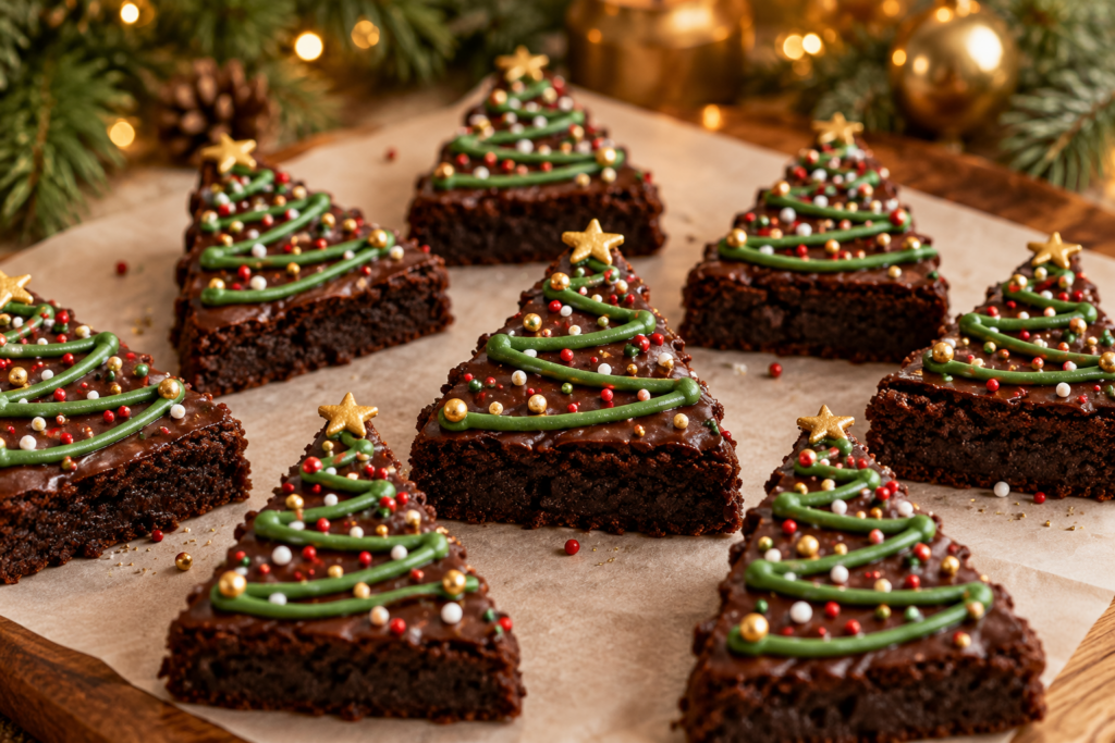 Christmas tree brownies with chocolate ganache, green icing garlands, and festive sprinkles.