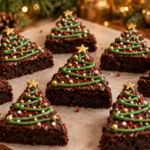 Christmas tree brownies with chocolate ganache, green icing garlands, and festive sprinkles.