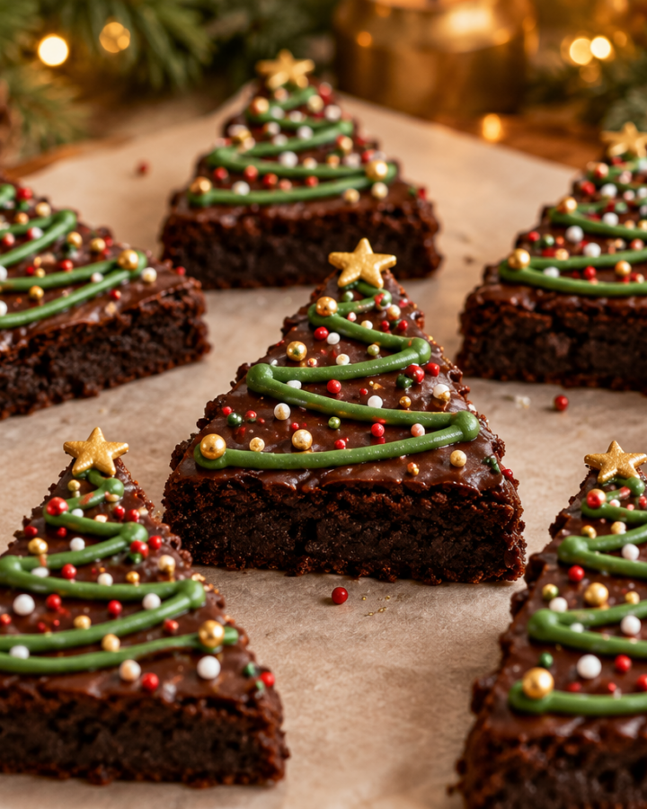 Christmas tree brownies with chocolate ganache, green icing garlands, and festive sprinkles.