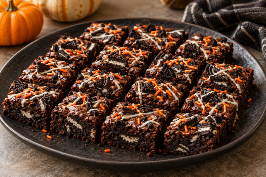 Halloween Oreo brownies with orange sprinkles and white chocolate drizzle
