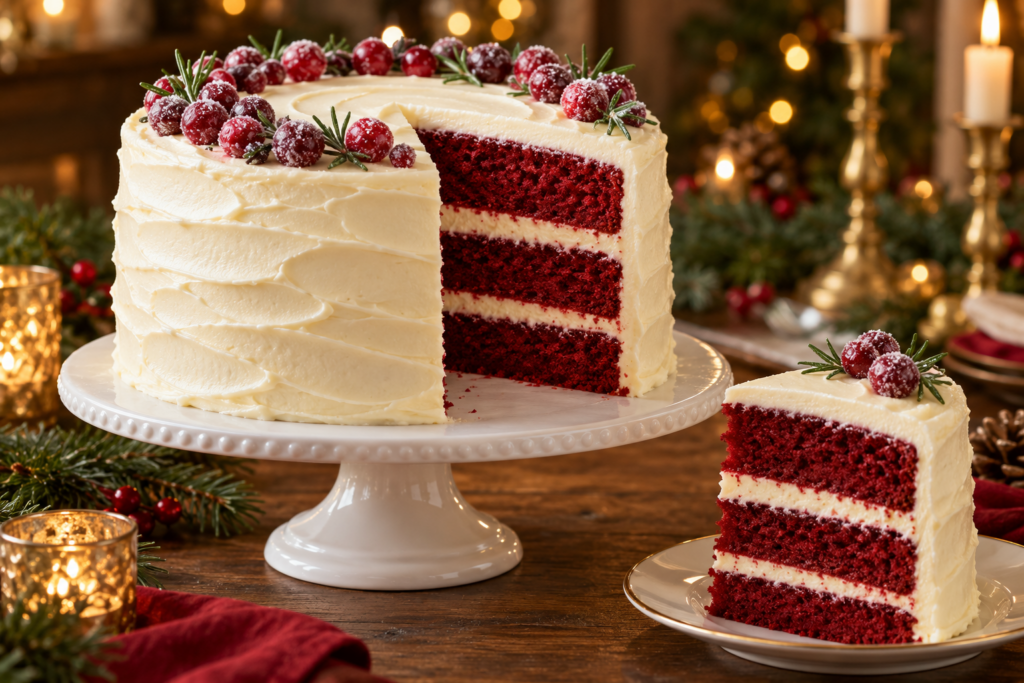 Three-layer red velvet Christmas cake with white chocolate cream cheese frosting.