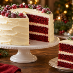 Three-layer red velvet Christmas cake with white chocolate cream cheese frosting.