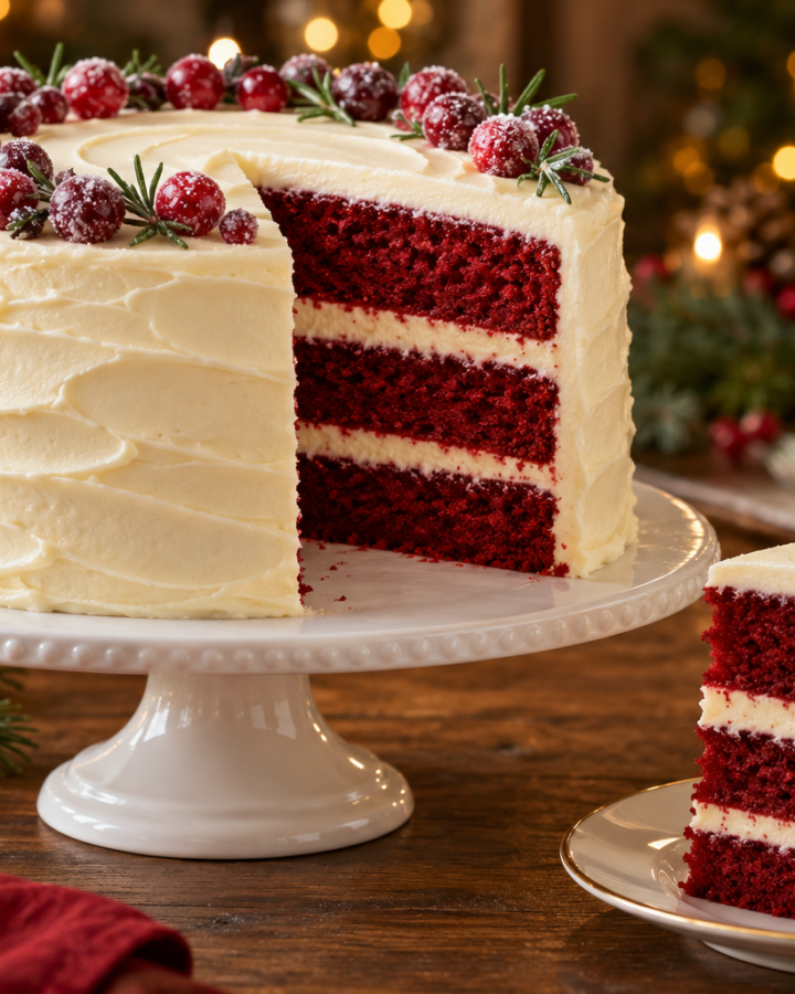 Three-layer red velvet Christmas cake with white chocolate cream cheese frosting.