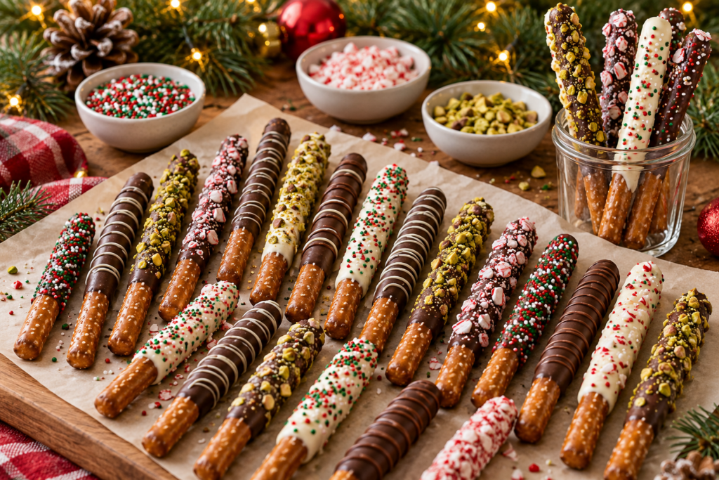 Christmas chocolate covered pretzel rods with festive red, green, white, and peppermint toppings.