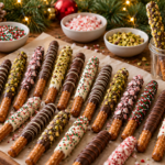 Christmas chocolate covered pretzel rods with festive red, green, white, and peppermint toppings.