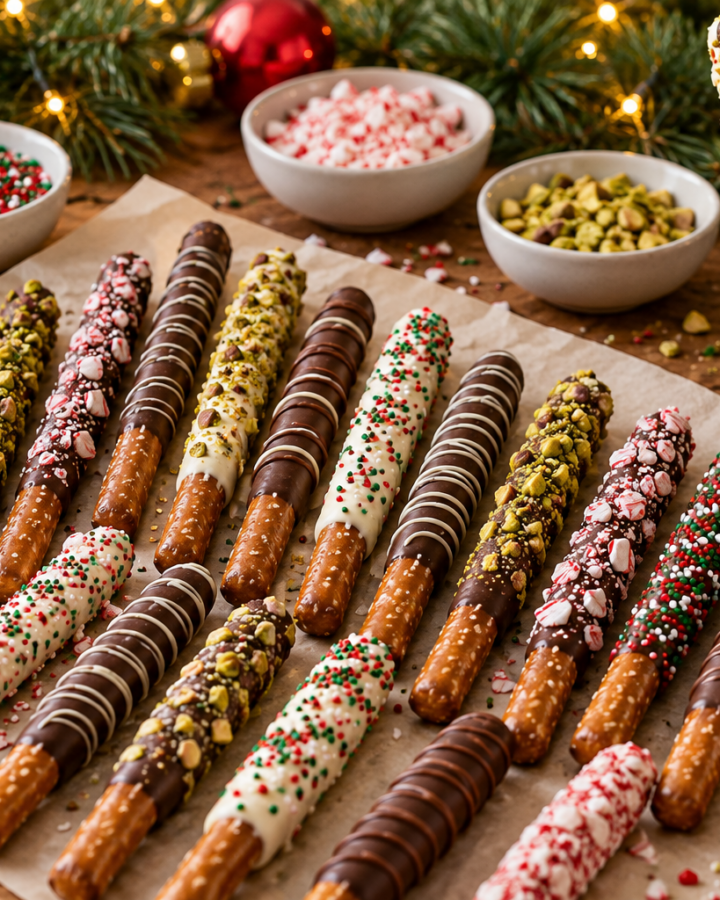 Christmas chocolate covered pretzel rods with festive red, green, white, and peppermint toppings.
