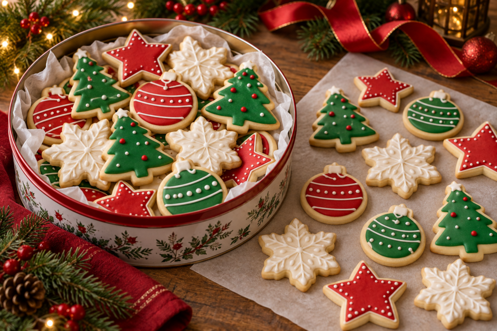 Soft Christmas sugar cookies shaped as stars, trees, ornaments, and snowflakes with easy icing.