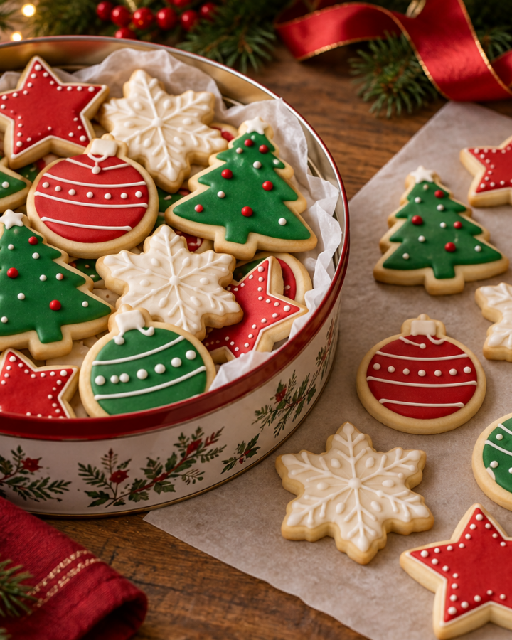 Soft Christmas sugar cookies shaped as stars, trees, ornaments, and snowflakes with easy icing.