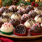 No bake Christmas Oreo balls coated in white and dark chocolate with festive decorations.
