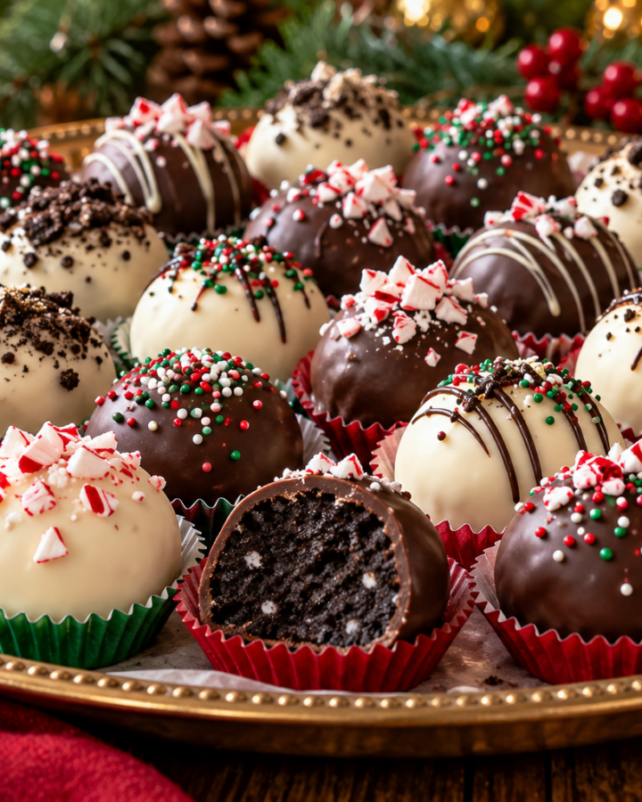No bake Christmas Oreo balls coated in white and dark chocolate with festive decorations.