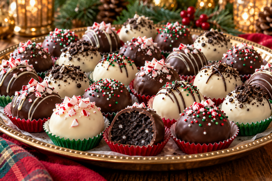 No bake Christmas Oreo balls coated in white and dark chocolate with festive decorations.