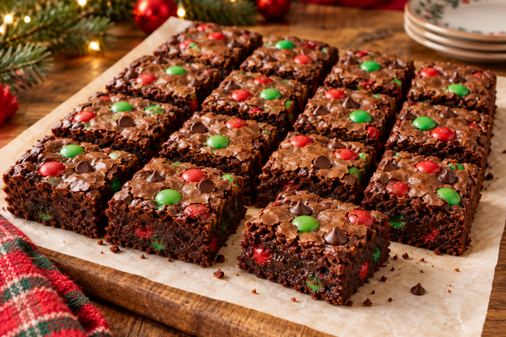 Fudgy Christmas M&M brownies with crackly tops and red-and-green candy-coated chocolates.
