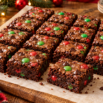 Fudgy Christmas M&M brownies with crackly tops and red-and-green candy-coated chocolates.