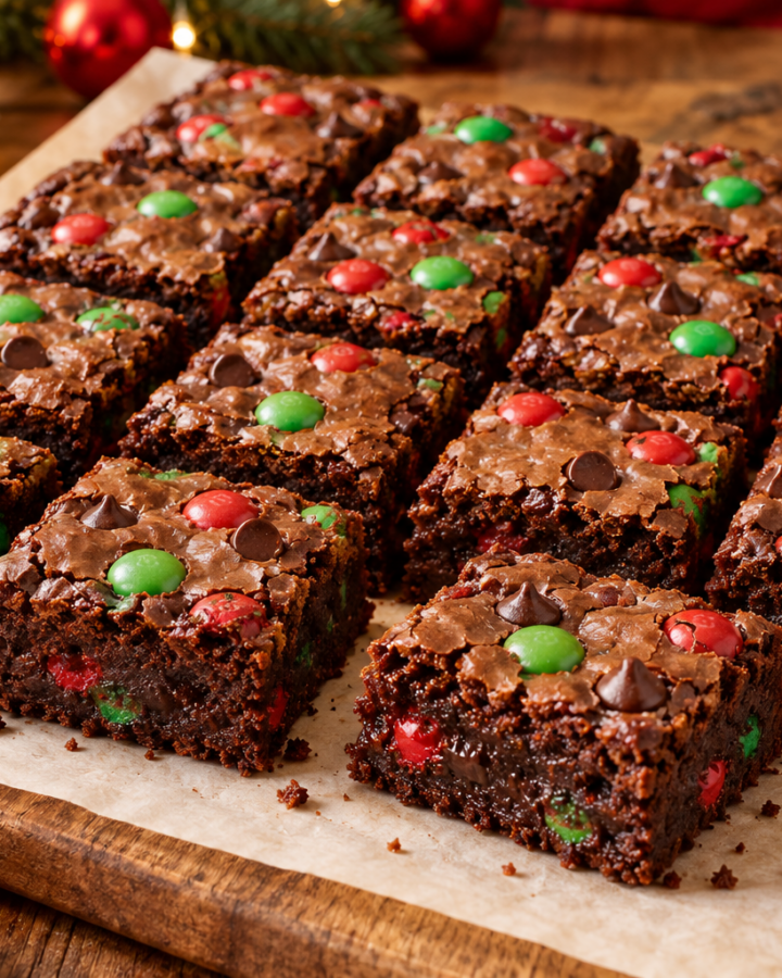 Fudgy Christmas M&M brownies with crackly tops and red-and-green candy-coated chocolates.