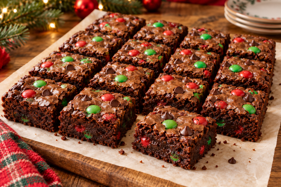 Fudgy Christmas M&M brownies with crackly tops and red-and-green candy-coated chocolates.