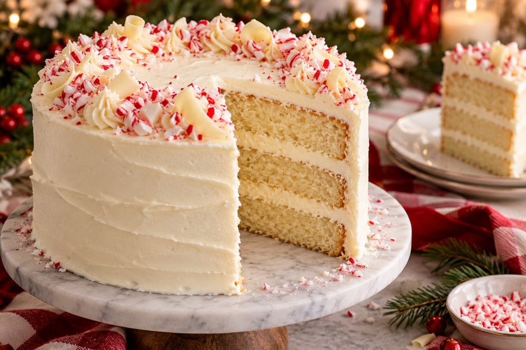 Three-layer white chocolate peppermint Christmas cake with cream cheese frosting and candy-cane crumbs.