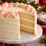 Three-layer white chocolate peppermint Christmas cake with cream cheese frosting and candy-cane crumbs.
