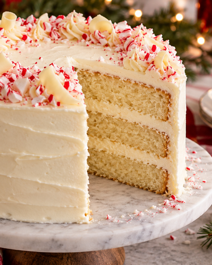Three-layer white chocolate peppermint Christmas cake with cream cheese frosting and candy-cane crumbs.