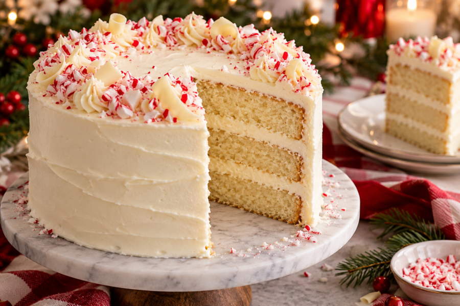 Three-layer white chocolate peppermint Christmas cake with cream cheese frosting and candy-cane crumbs.