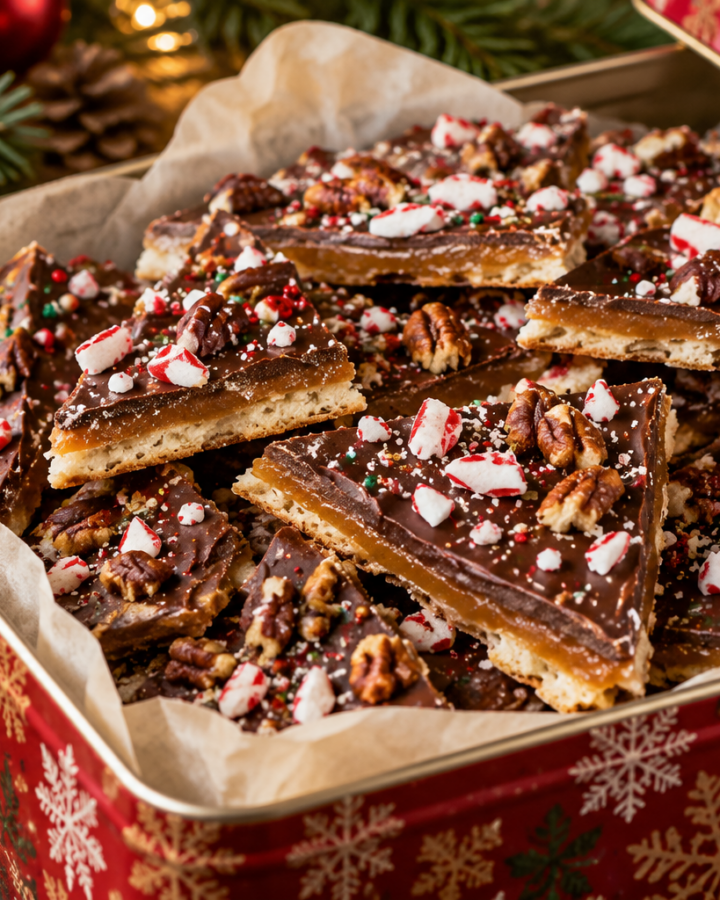 Easy Christmas crack with saltines, crisp brown-sugar toffee, semisweet chocolate, and festive toppings.